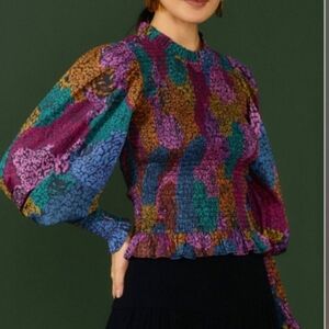 FARM RIO Rainbow Mixed Balloon Long Ruffle Trim Sleeve Blouse Like New